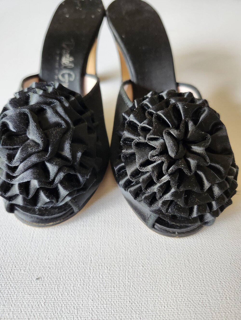 Vintage 1950s Daniel Green Black Satin Boudoir Mules - Peep Toe Rosette Heels